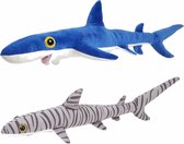 Set van 2x pluche haaien knuffels van 60 cm - Oceaan dieren/vissen - Blauwe haai en tijgerhaai