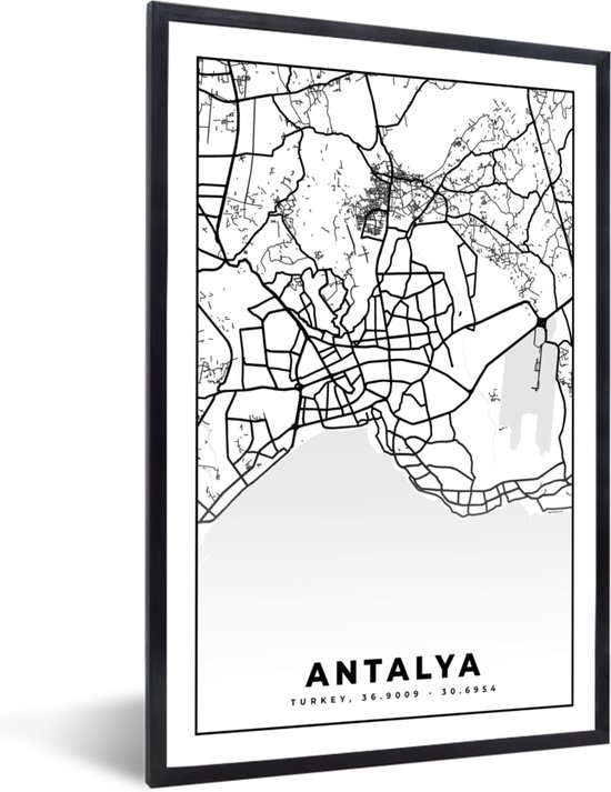 Foto: Fotolijst incl poster zwart wit antalya stadskaart plattegrond zwart wit kaart 20x30 cm posterlijst