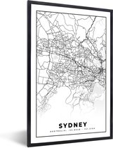 Fotolijst incl. Poster Zwart Wit- Sydney - Zwart Wit - Plattegrond - Stadskaart - Kaart - 40x60 cm - Posterlijst
