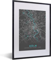 Fotolijst incl. Poster - Duitsland – Blauw – Köln – Stadskaart – Kaart – Plattegrond - 30x40 cm - Posterlijst