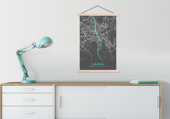 Posterhanger incl. Poster 60x90 cm - Schoolplaat - Laval - Frankrijk - Kaart - Stadskaart - Plattegrond - Textielposter - Blanke latten - Stadskaart