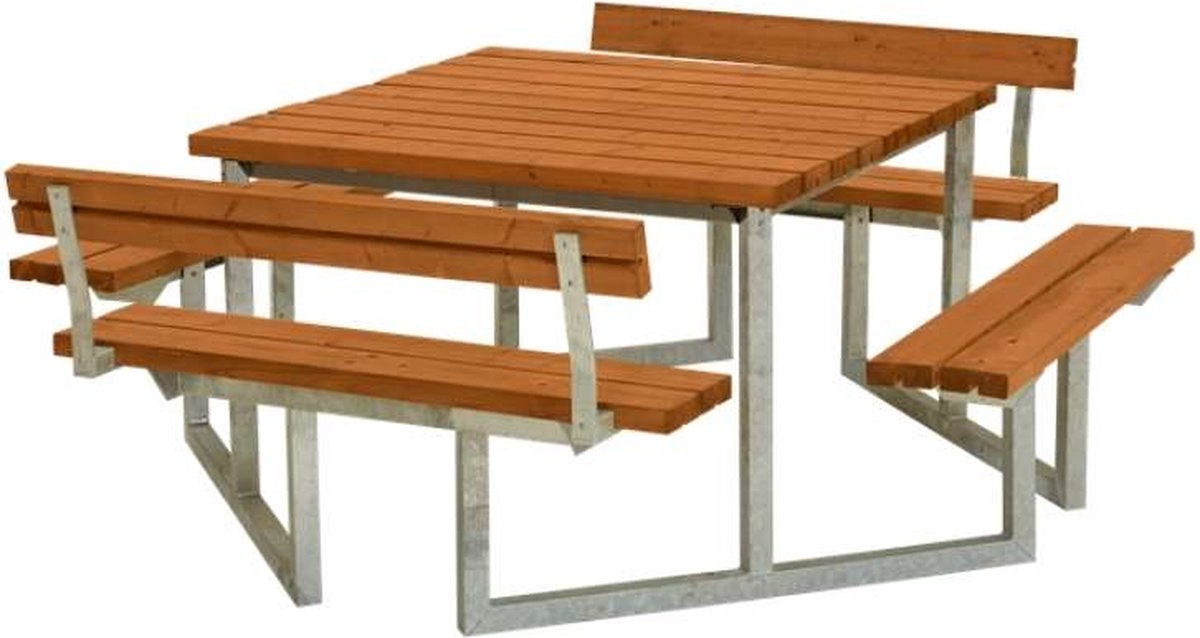 Picknicktafel vuren geimpregneerd - Twist vierkant 2 rugleuningen gegrond teak 227 x 204 x 76 cm