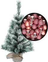 Besneeuwde mini kerstboom/kunst kerstboom 35 cm met kerstballen roze - Kerstversiering