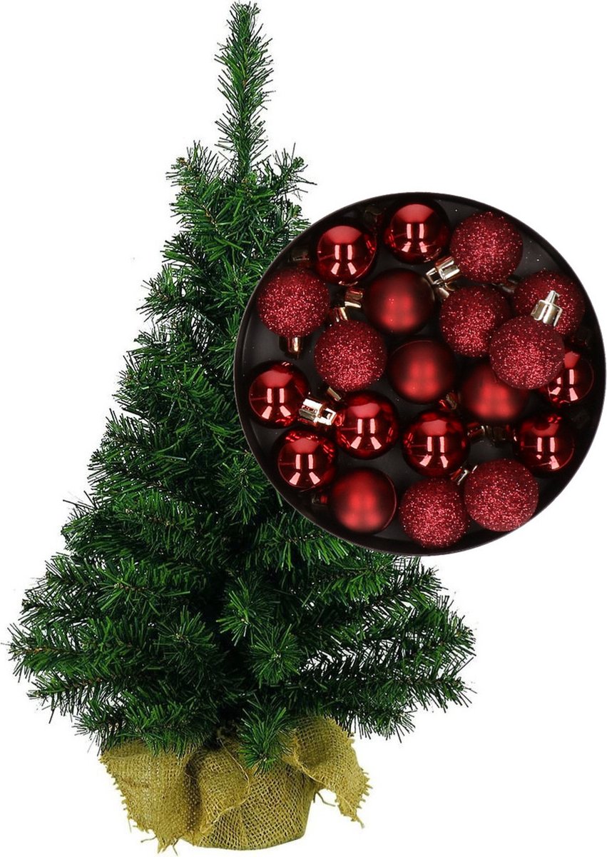 Mini kerstboom/kunst kerstboom H35 cm inclusief kerstballen donkerrood - Kerstversiering