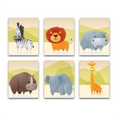 Schilderij  Set 6 Dikke dieren leeuw giraf zebra nijlpaard neushoorn en olifant / Jungle / Safari / 50x40cm