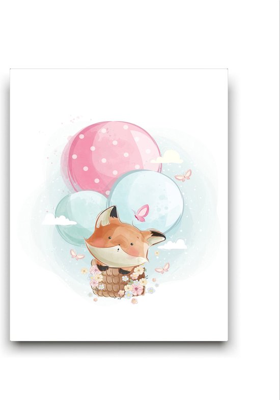 Schilderij  Vosje in een Luchtballon Cute - Kinderkamer - Dieren Schilderij - Babykamer / Kinder Schilderij - Babyshower Cadeau - Muurdecoratie - 50x40cm - FramedCity