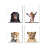 Schilderij Canvas Jungle Set 4 Baby Aapje Giraffe Cheeta Tijger - 4 Luik Kinderkamer - Dieren Doek - Babykamer / Kinder Doek - Babyshower Cadeau - Muurdecoratie - 40x30cm - FramedCity