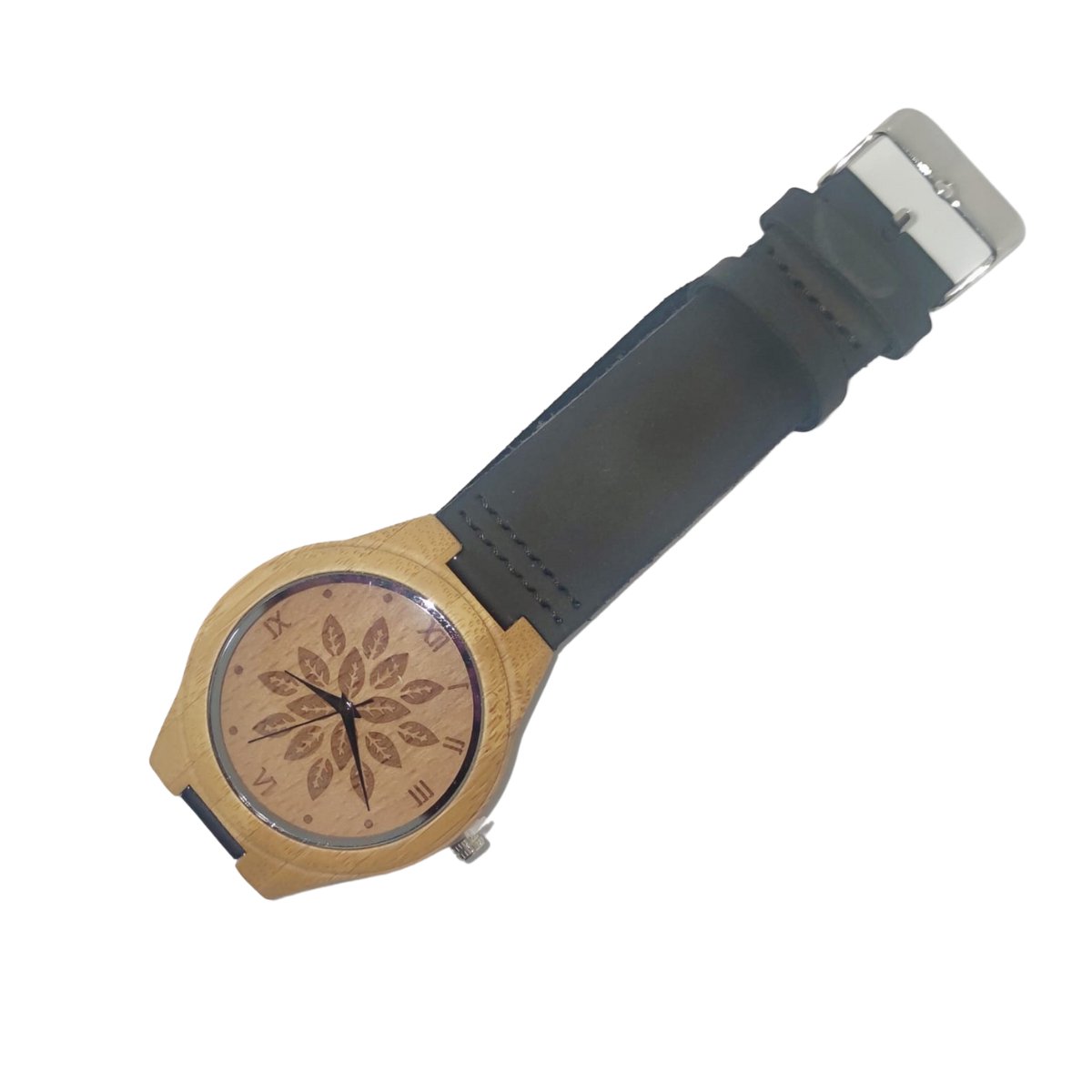 Houten horloge met leren band - Quartz - Voor Heren Polshorloge - Ecologische watch - Zwart met Bruin - 44mm