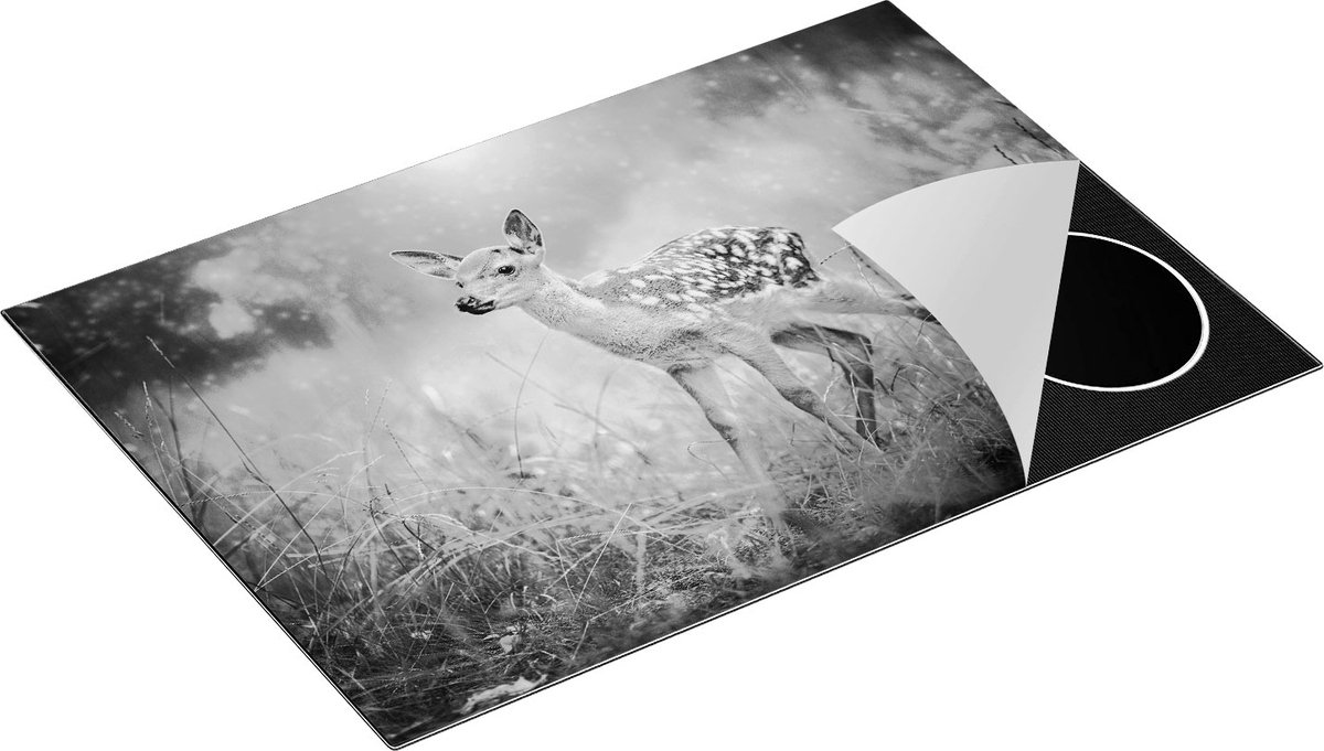 Chefcare Inductie Beschermer Baby Hert in het Gras - Bambi - Zwart Wit - 76x51,5 cm - Afdekplaat Inductie - Kookplaat Beschermer - Inductie Mat