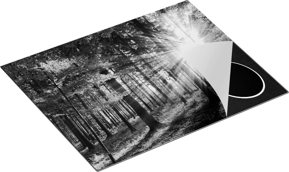 Chefcare Inductie Beschermer Bos met Zon tussen de Bomen - Zwart Wit - 65x50 cm - Afdekplaat Inductie - Kookplaat Beschermer - Inductie Mat