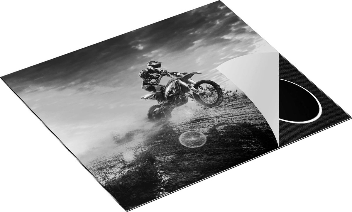 Chefcare Inductie Beschermer Motorcross op een Heuvel bij Zonsondergang - Zwart Wit - 60x52 cm - Afdekplaat Inductie - Kookplaat Beschermer - Inductie Mat