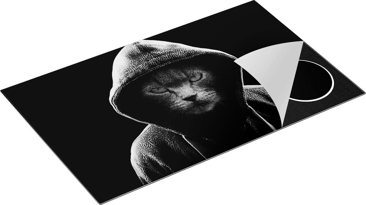 Chefcare Inductie Beschermer Boze Kat Draagt een Hoodie - Zwart Wit - 85x50 cm - Afdekplaat Inductie - Kookplaat Beschermer - Inductie Mat