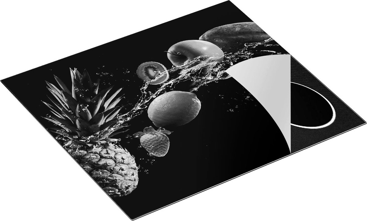 Chefcare Inductie Beschermer Fruit met Water op Zwart Achtergrond - Zwart Wit - 59x52 cm - Afdekplaat Inductie - Kookplaat Beschermer - Inductie Mat