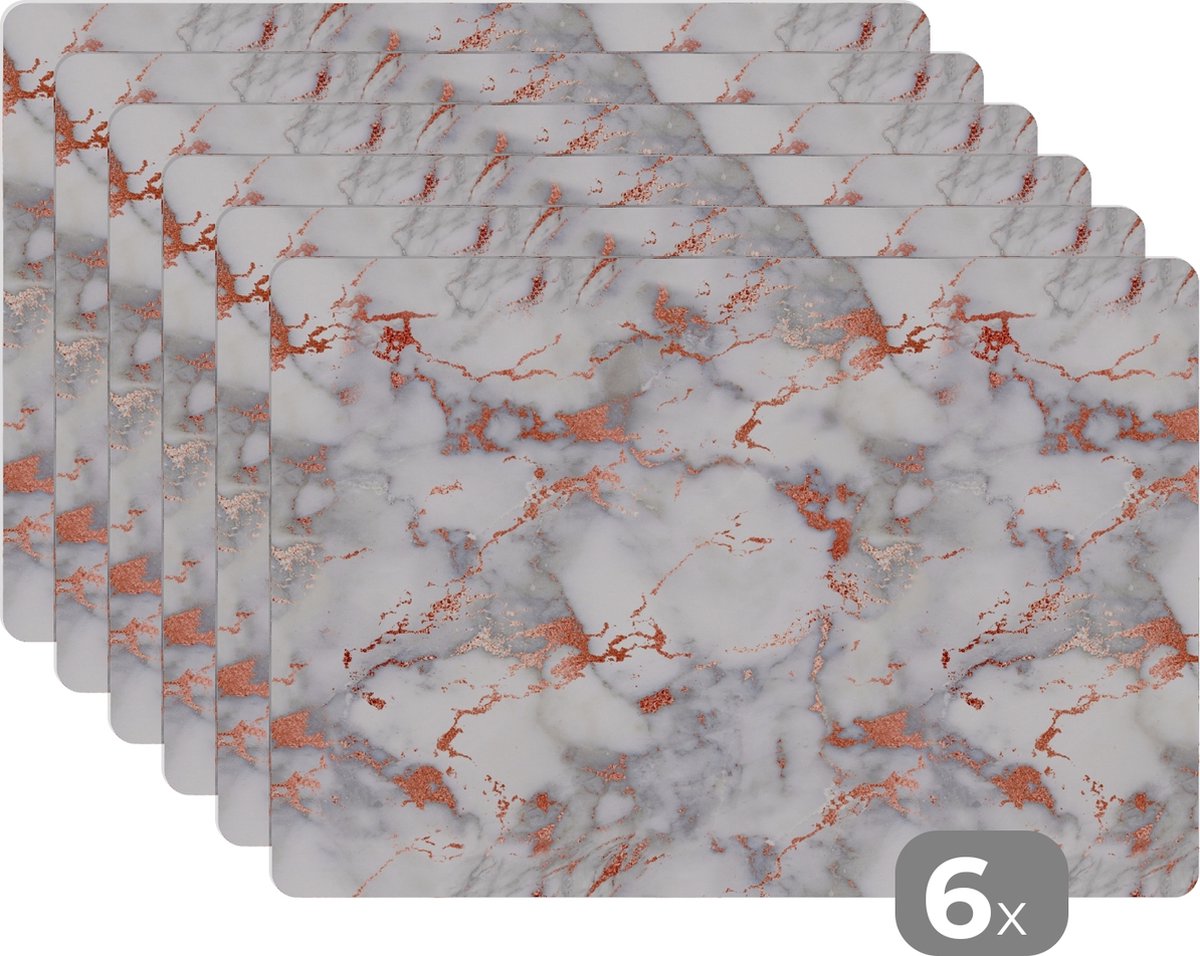Placemats - Wit - Marmer - Rose goud - Stenen - Onderlegger - 45x30 cm - 6 stuks