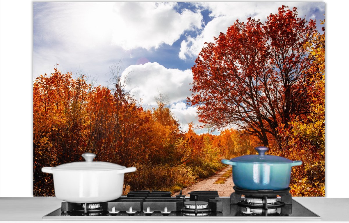 KitchenYeah - Spatscherm - Boom - Herfst - Rood - Lucht - 120x80 cm - Muurbeschermer