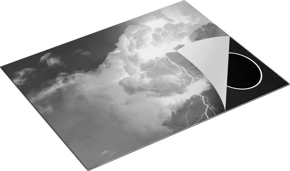 Chefcare Inductie Beschermer Blikseminslag tussen de Wolken - Onweer - Zwart Wit - 77x59 cm - Afdekplaat Inductie - Kookplaat Beschermer - Inductie Mat