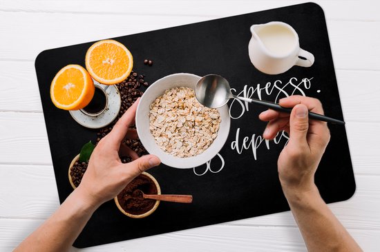 Set de table - Napperons en plastique - Café - Plus d'espresso Moins depresso - Citations - Énonciations - 45x30 cm - 6 pièces - Résistant à la chaleur - Antidérapant - Pad - Amovible