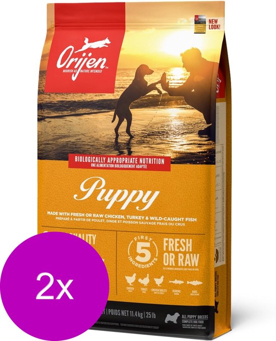 Orijen Puppy voerzak met een zonsondergang op het strand met een puppy en een persoon.
