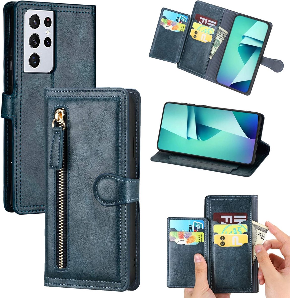 Bookcase Hoesje Geschikt voor: Samsung Galaxy A53 5G met ritssluiting - Flipcover - Magnetisch - 5 kaarten houder - Donkerblauw