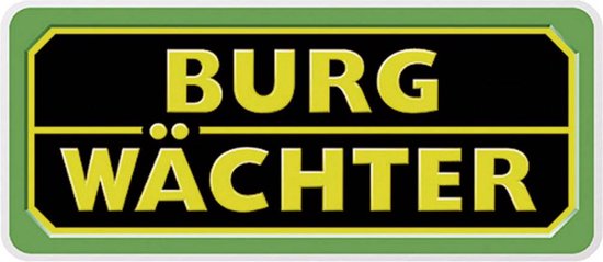 Zwart bord met gele tekst 'BURG WÄCHTER' en groene rand.