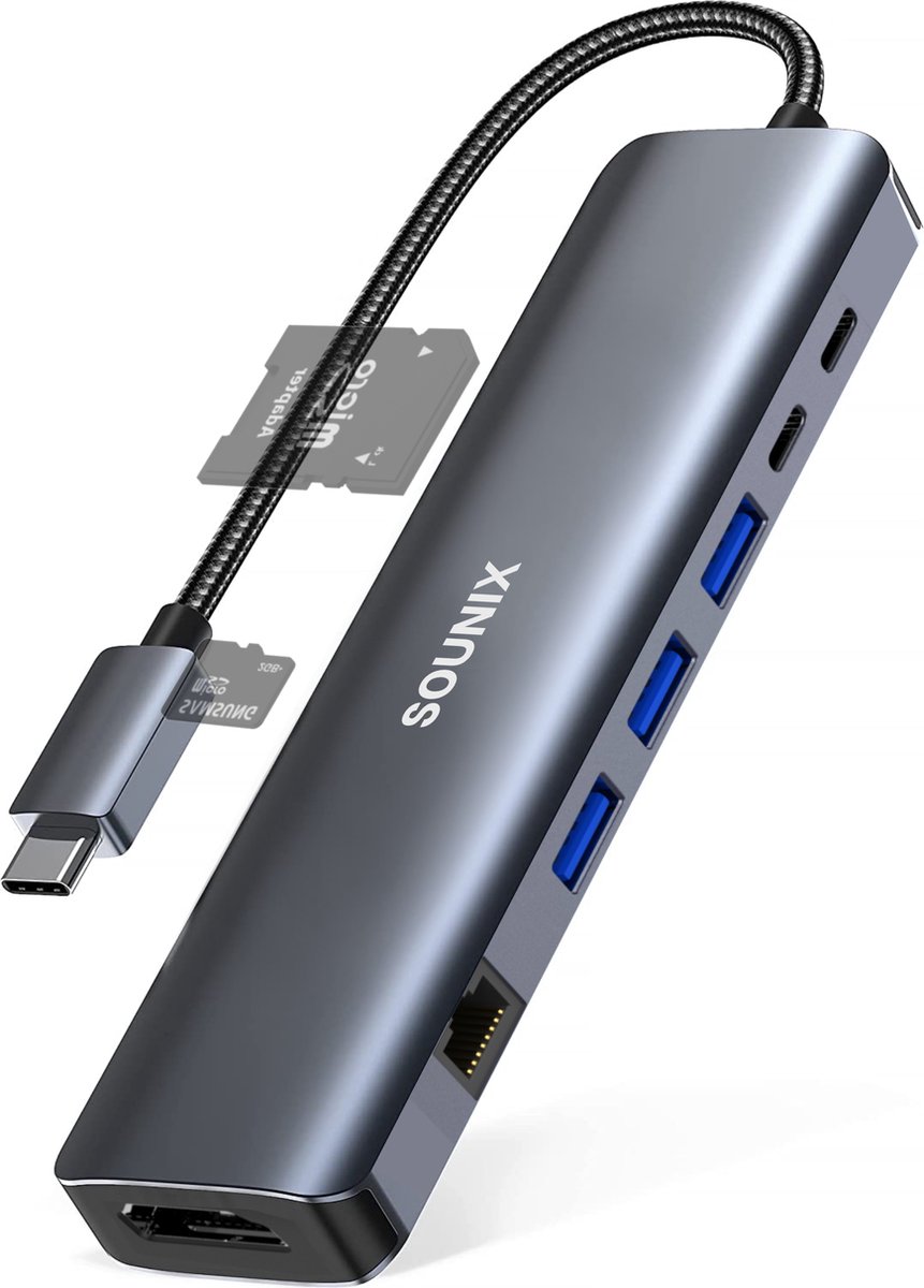 Sounix USB C Hub 9 in 1 - Docking station - HDMI 4K - Gigabit RJ45 - USB-C Opladen - USB 3.0 - Kaartlezer