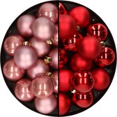 32x stuks kunststof kerstballen mix van oudroze en rood 4 cm - Kerstversiering