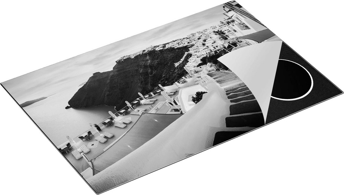 Chefcare Inductie Beschermer Luxe Huisjes aan de Kust in Fira, Griekenland - Zwart Wit - 81,2x52 cm - Afdekplaat Inductie - Kookplaat Beschermer - Inductie Mat