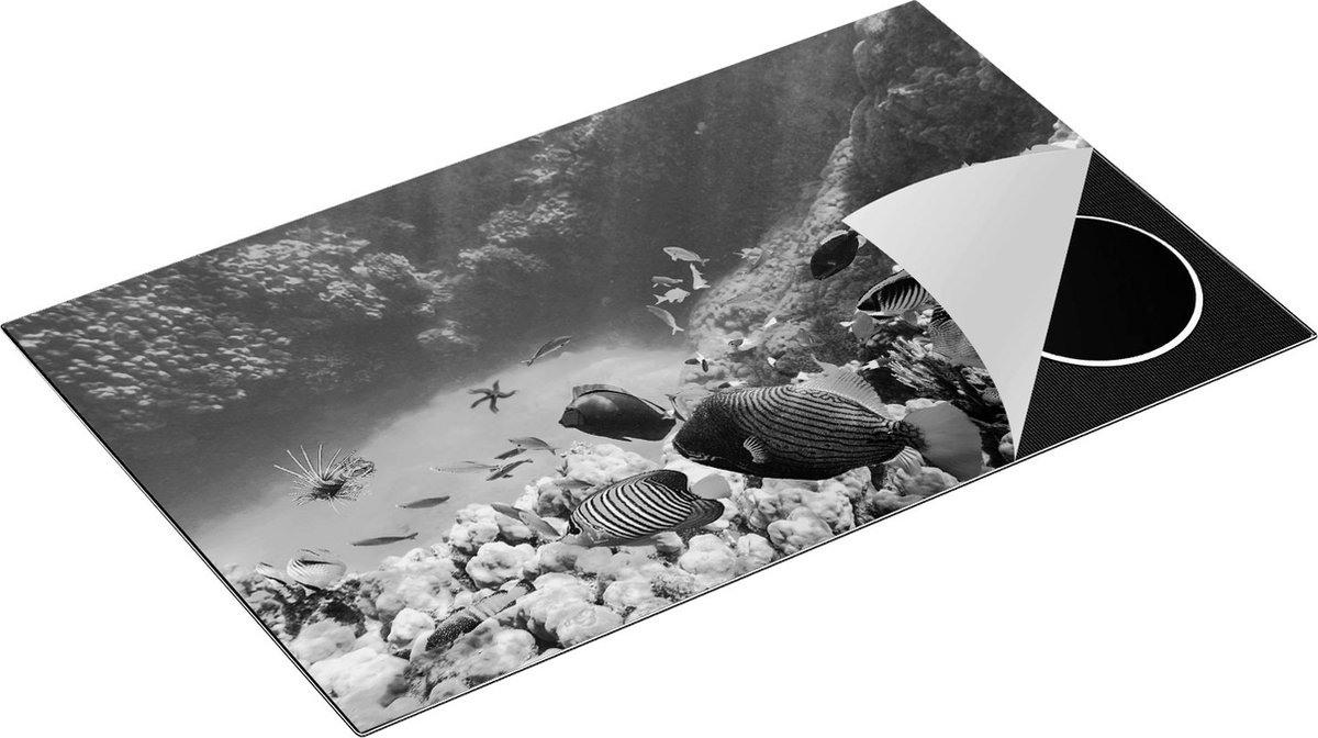 Chefcare Inductie Beschermer Vissen in de Oceaan met Koralen - Zwart Wit - 85x55 cm - Afdekplaat Inductie - Kookplaat Beschermer - Inductie Mat