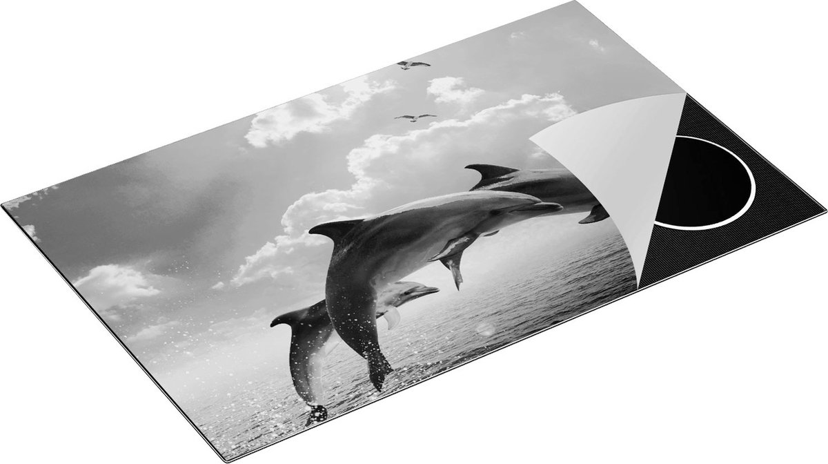 Chefcare Inductie Beschermer Dolfijnen Springen uit de Blauwe Zee - Zwart Wit - 85x52 cm - Afdekplaat Inductie - Kookplaat Beschermer - Inductie Mat