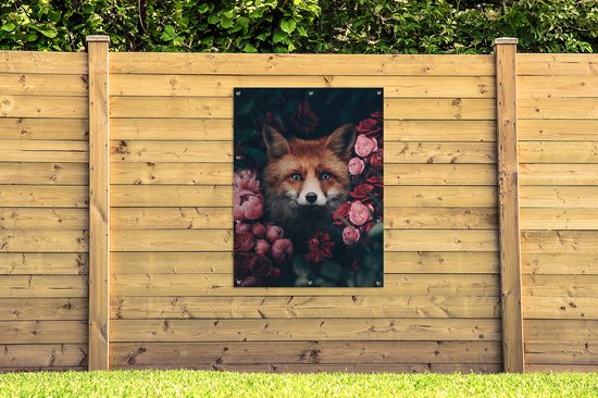 Affiche jardin - Toile jardin - Posters de jardin extérieur - Renard - Fleurs - Botanique - Animaux - 90x120 cm - Jardin