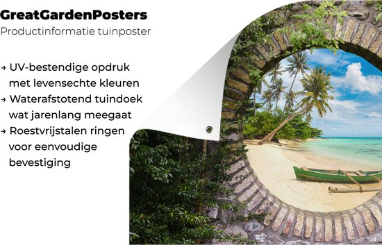 Jardin - Palmier - Vue - Pierre - Canoë - Toile de clôture - 120x80 cm - Affiche de jardin - Toile de jardin