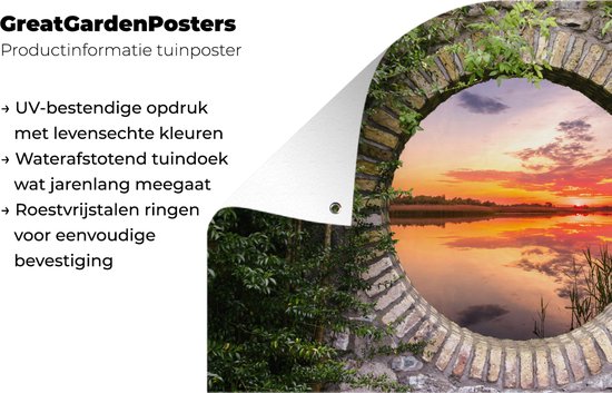 Affiche de jardin - Lac - Vue à travers - Soleil - Water - Toile de clôture - 60x40 cm - Peinture de jardin - Toile de jardin