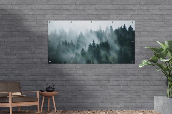 Affiche de jardin - Brouillard - Arbres - Forêt - 200x100 cm - Affiche clôture - Nature - Décoration murale - Décoration murale