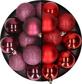 24x stuks kunststof kerstballen mix van aubergine en rood 6 cm - Kerstversiering