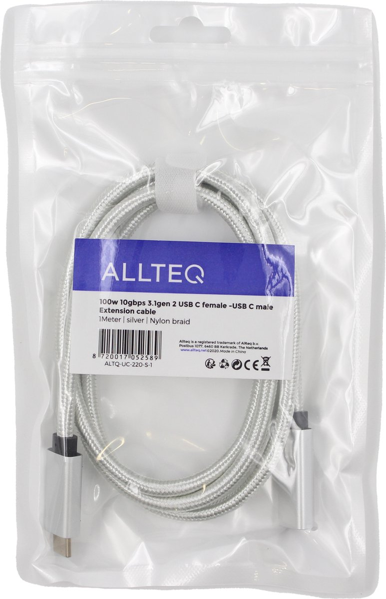 USB C verlengkabel 1m | USB 3.2 Gen 2 10Gbps | Type C male naar female | 100W Power Delivery | Nylon mantel zilver - Afbeelding 2