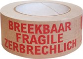 Kortpack - Papertape met opdruk: Breekbaar/Fragile/Zerbrechlich - 50mm breed x 50mtr lang - 36 rollen per verpakking - Bruine tape et rode opdruk - Waarschuwingstape - (020.4530)