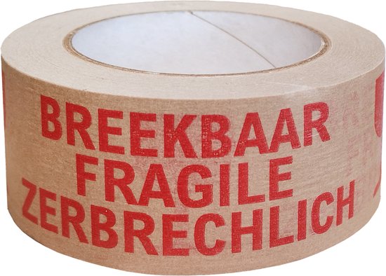 Kortpack - Papertape met opdruk: Breekbaar/Fragile/Zerbrechlich - 50mm breed x 50mtr lang - 36 rollen per verpakking - Bruine tape et rode opdruk - Waarschuwingstape - (020.4530) - Kortpack