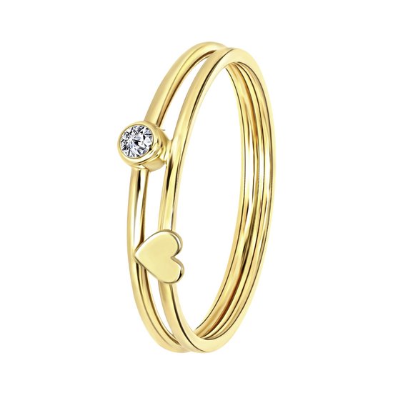 Lucardi Dames Ring hart en ronde zrikonia - Ring - Cadeau voor vrouwen - 14 Karaat Goud - Geelgoud
