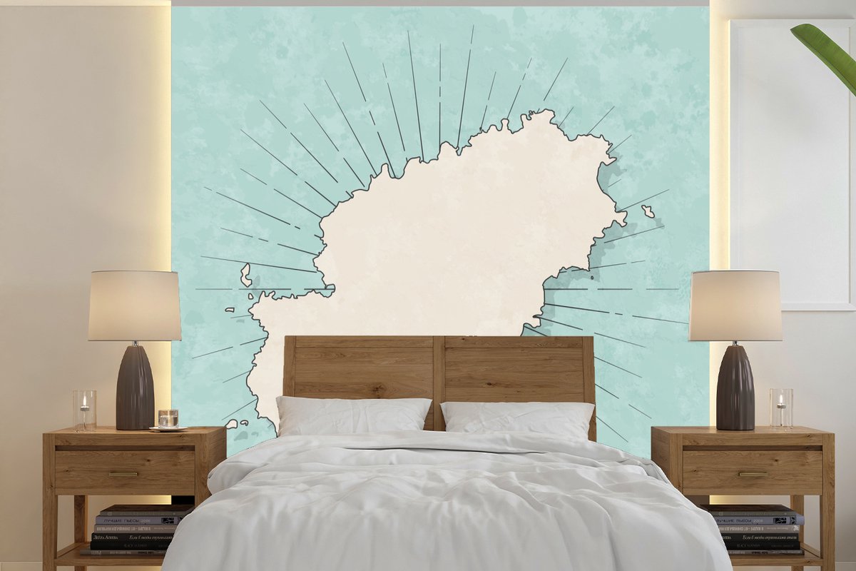Behang - Fotobehang een gele kaart van Ibiza op een blauwe achtergrond - Breedte 280 cm x hoogte 280 cm