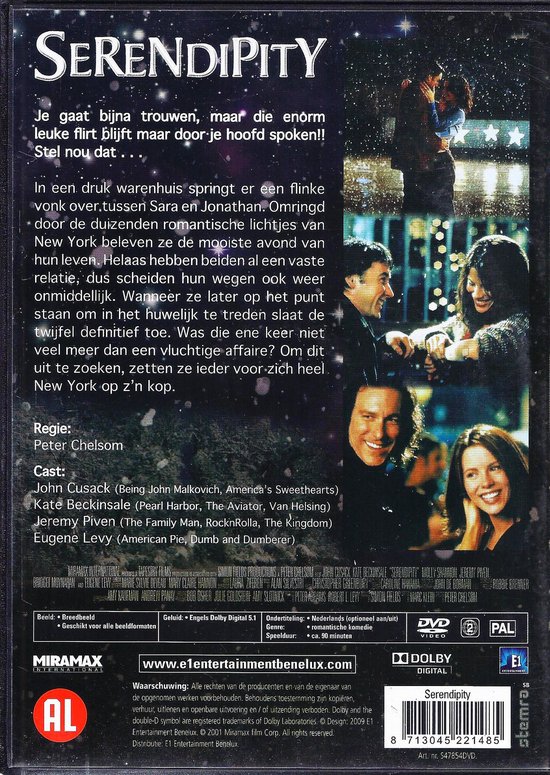 Achterkant van de dvd "Serendipity" met acteurs Kate Beckinsale, John Cusack en Jeremy Piven.