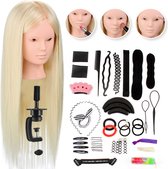 SassyGoods® Oefenhoofd 80% Echt Haar met Statief en Accessoires - Kappershoofd - Oefenpop Kapper - Blond Haar - 65 cm
