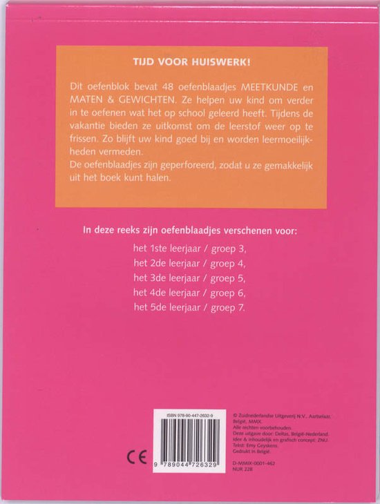 Arrière d'un cahier d'exercices intitulé "Tijd voor huiswerk". Orange et rose avec des informations sur le contenu et la série.