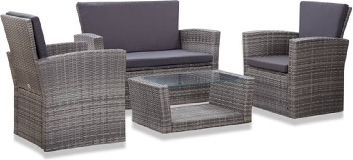 Bol.com vidaXL - 4-delige - Loungeset - met - kussens - poly - rattan - grijs aanbieding