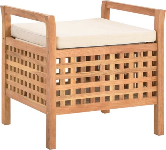 vidaXL Banc de rangement - Bois de noyer Massief - Style naturel - 49x48x49 cm - Incl - Compartiment de rangement spacieux - kussen confortable - Naturel + Crème - Repose-pieds