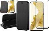Hoesje geschikt voor Samsung Galaxy S22 Plus - Book Case Lederen Wallet Cover Minimalistisch Pasjeshouder Hoes Zwart - Full Tempered Glass Screenprotector