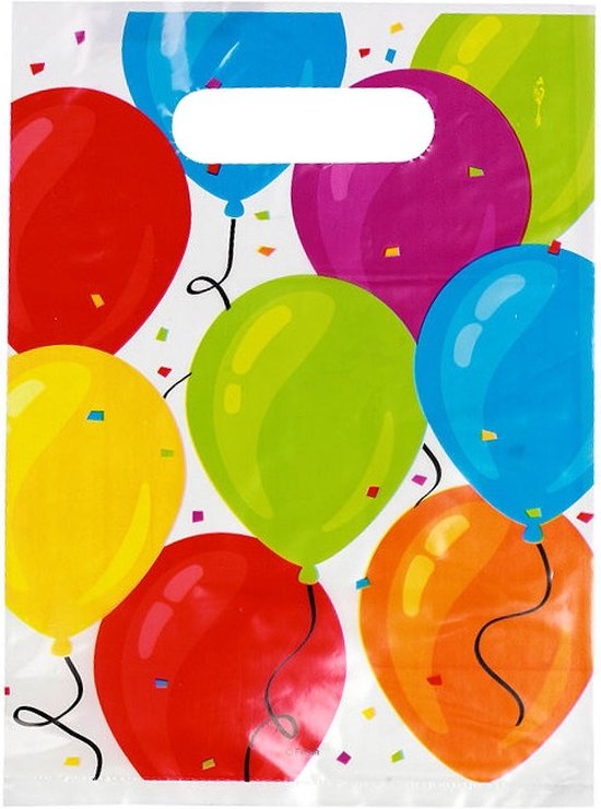 Uitdeelzakje met veelkleurige ballonnen, confettistukjes en touwtjes. Plastic draaghengsel bovenaan.