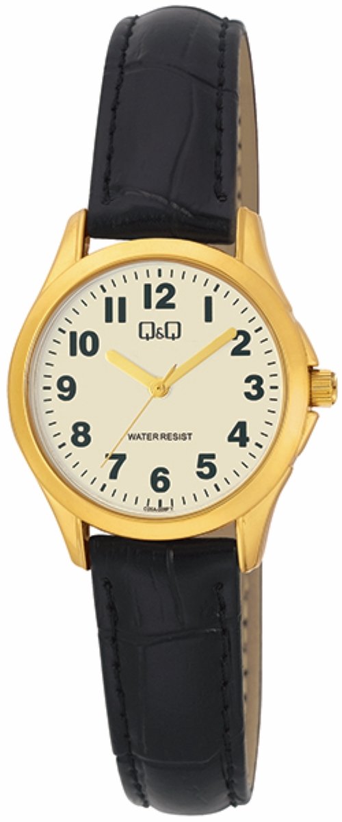 QQ-Dames horloge-duidelijke wijzerplaat-goudkleurig-30MM-Zwart lederen band.