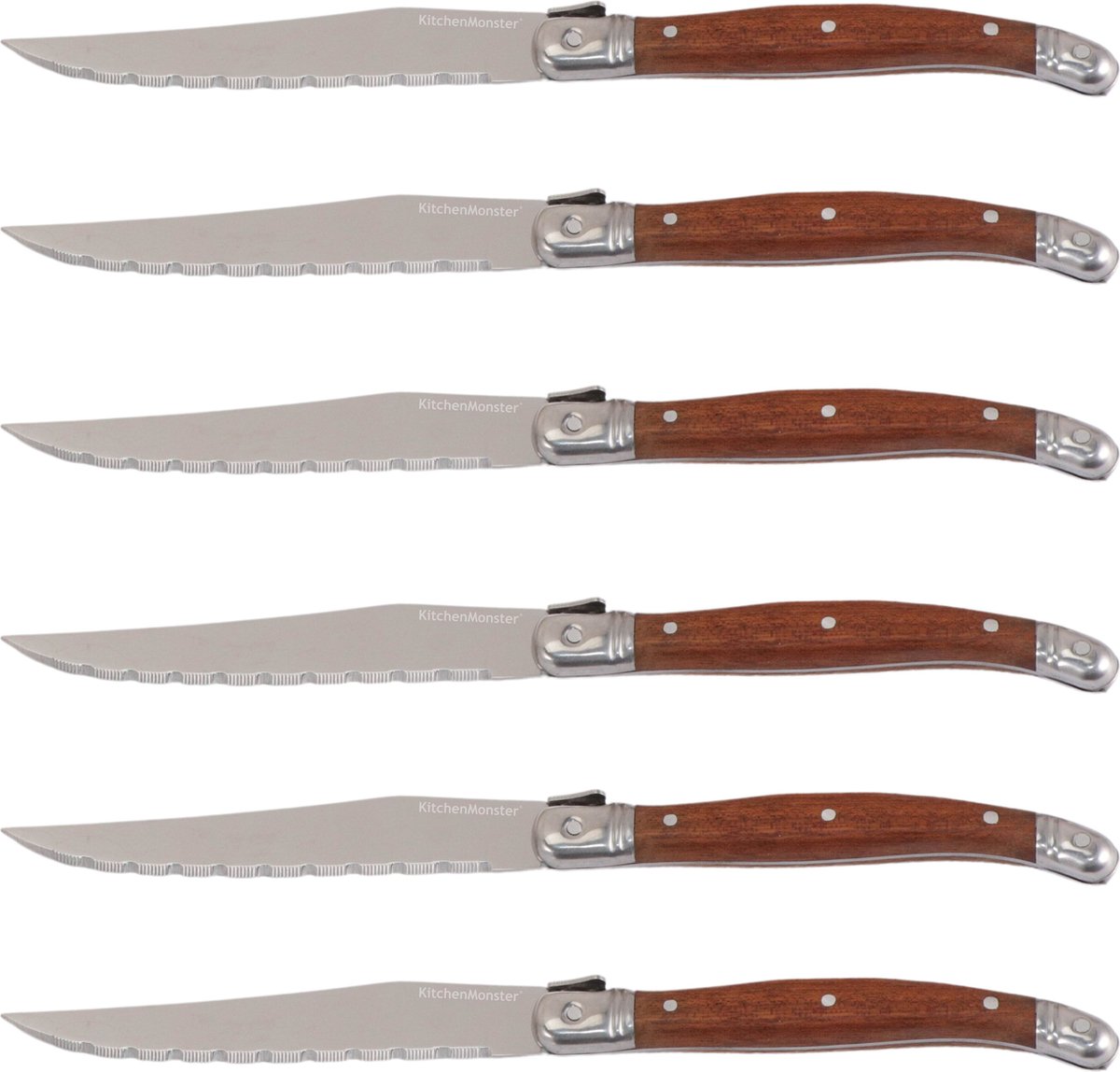 KitchenMonster® Steakmessen Laguiole Deluxe - Messenset 6 Stuks - RVS en Rozenhout