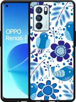 Oppo Reno6 Pro 5G Hoesje Zwart Blue Bird and Flowers - Designed by Cazy