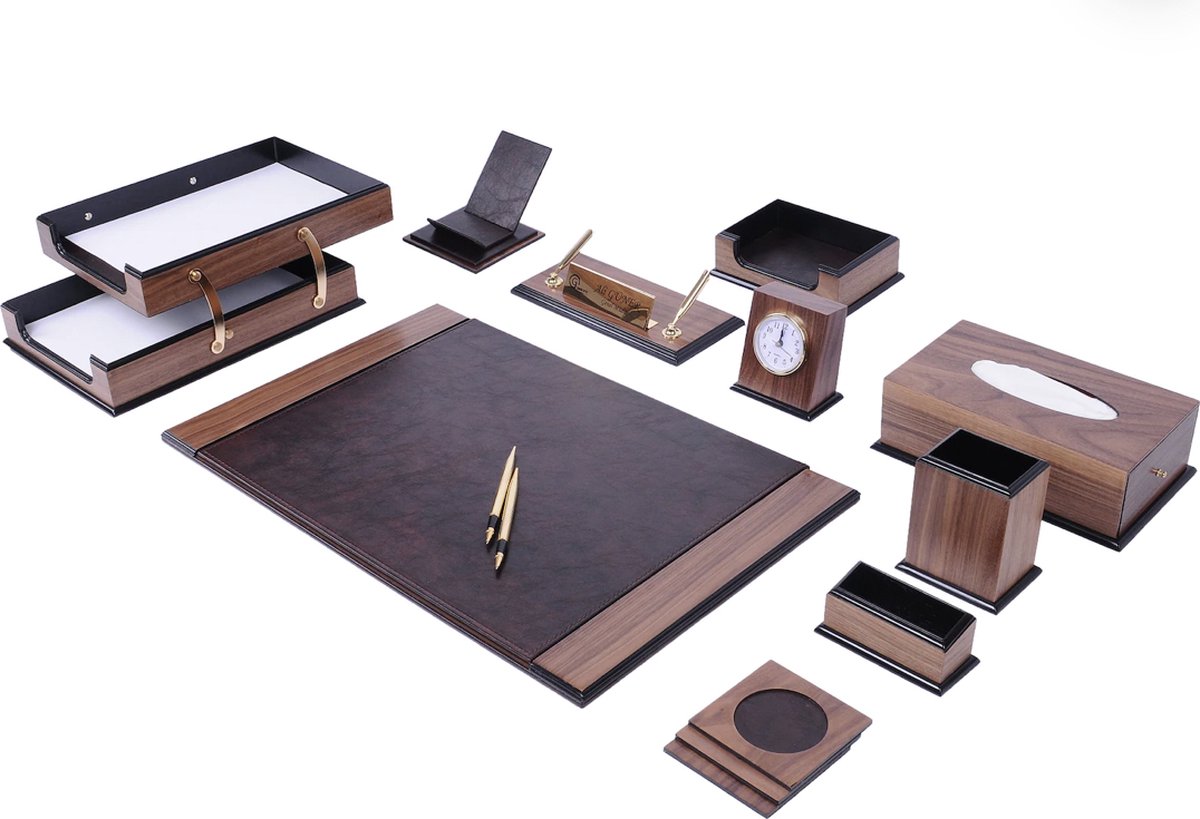 Lederen bureau Set - BRUIN - Bureau accessoires Set - 12 Accessoires -  Office Desk... | bol